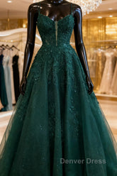 A-Line Hunter Green Floral Prom Dresses Appliques Straps Evening Gown